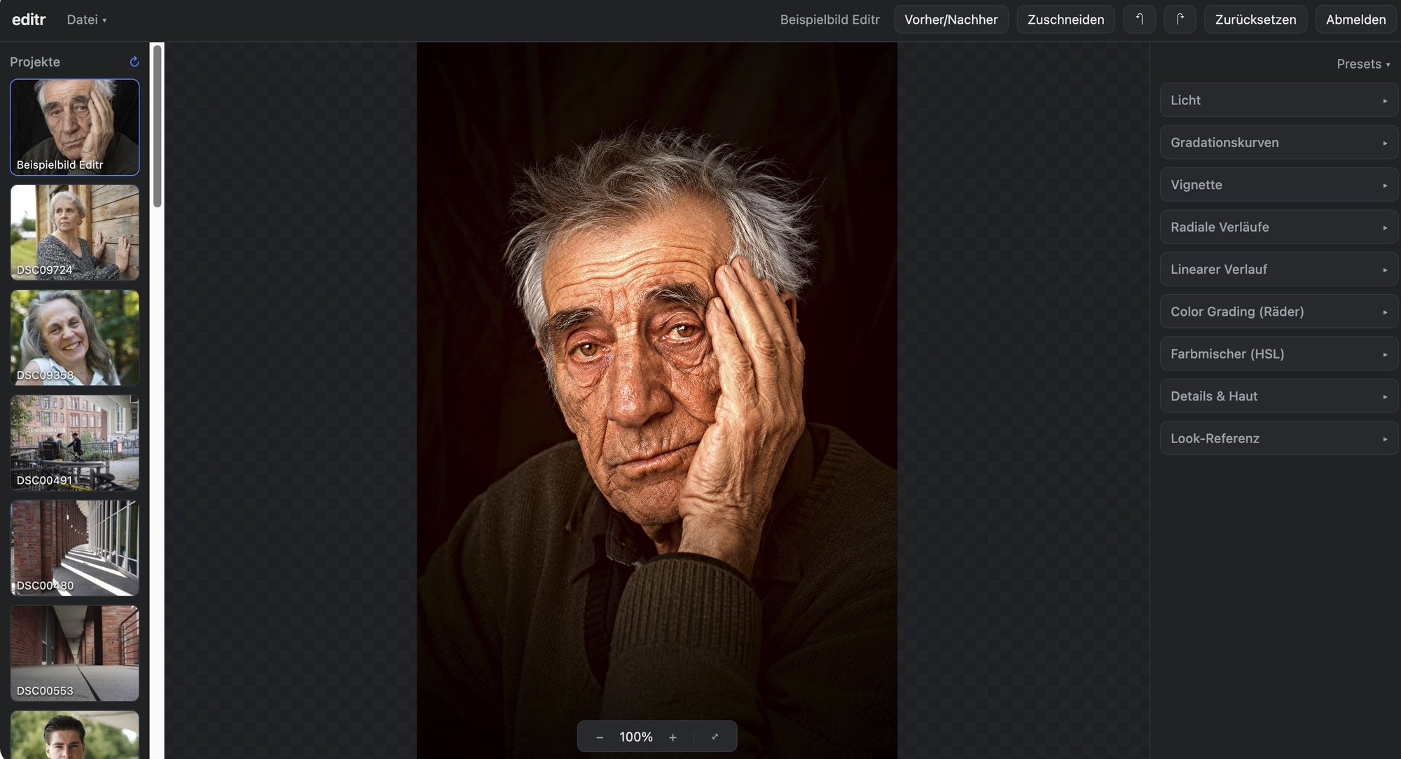 The Editr interface: project rail, image preview and sliders such as exposure, contrast, saturation, temperature, tone curves and vignette
